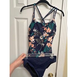 Navy Floral Tankini Set Strappy Back High Waisted Bottoms Blue Orange M